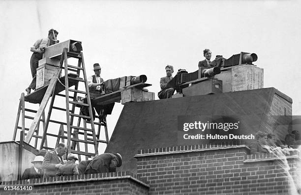 Television cameras on a roof outside Lord's Cricket Ground, trained on the Australian wicket during the third day of the 2nd test match between...