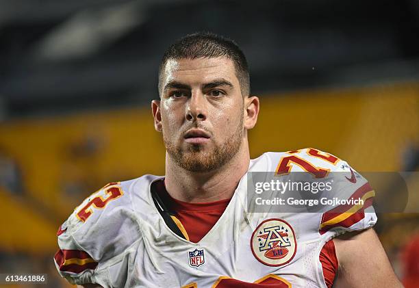 Offensive lineman Eric Fisher of Kansas City Chiefs looks on from the field after a game against the Pittsburgh Steelers at Heinz Field on October 2,...