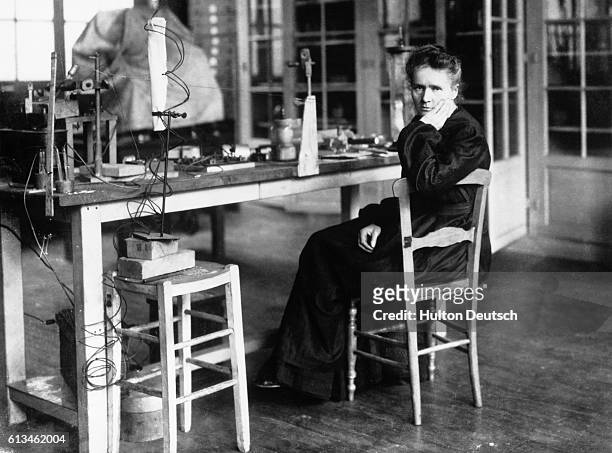 Marie Sklodowka Curie in her laboratory. She shared a Nobel Prize in Physics in 1903 with her husband Pierre for their work in radioactivity. In 1911...