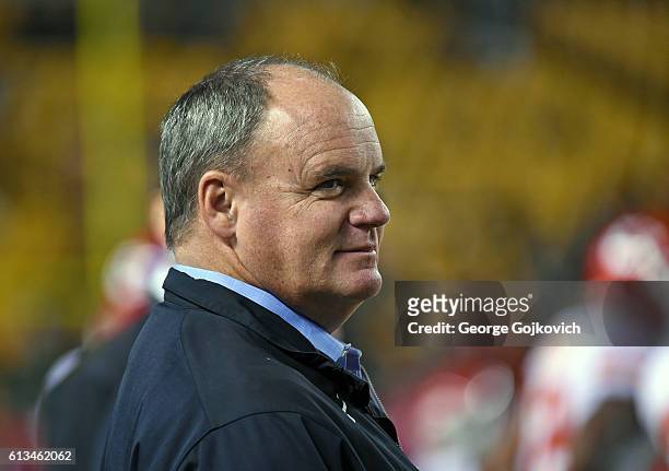 Vice President & General Manager Kevin Colbert of the Pittsburgh Steelers looks on from the sideline before a game against the Kansas City Chiefs at...