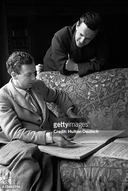 Benjamin Britten and the English tenor Sir Peter Pears during the rehearsals of "Rape Of Lucretia". | Location: Glynbourne, England, UK, 13th July...