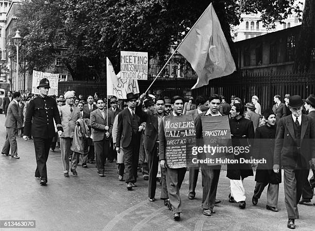 Members of the All Indian Moslem League demonstrating in favour of the Partition of India and the creation of the state of Pakistan in London in...