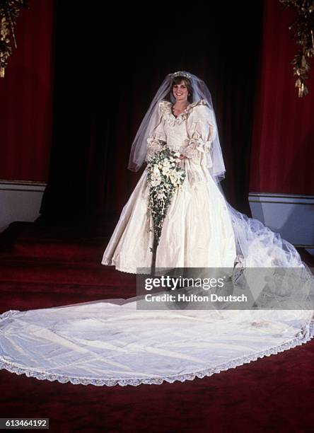 Diana, Princess of Wales, in her bridal dress on the day of her wedding to Prince Charles.