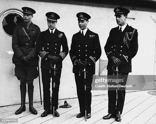 On the occasion of the departure of Edward, Prince of Wales for Australia, he stands on deck with his brothers. Shown are: Henry, Duke of Gloucester;...