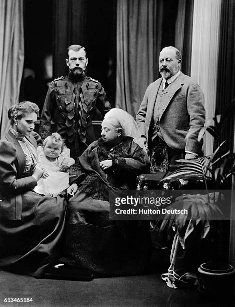 The Czar and Czarina of Russia visit Queen Victoria at Balmoral. The Czarina is the granddaughter of Queen Victoria. Shown are : Alexandra...