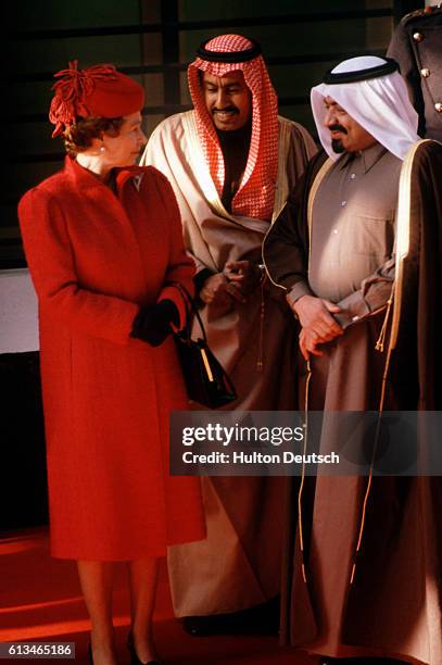 Queen Elizabeth II of England with Khalifa bin Hamad al-Thani, Emir of Qatar at the start of his state visit to Britain.
