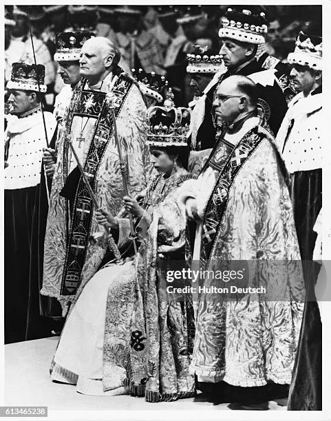 Scene from the Coronation Service of Queen Elizabeth II at Westminster Abbey, June 2nd, 1953.
