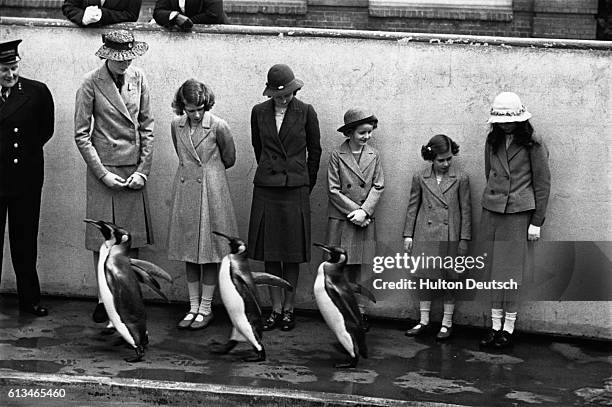 Princess Elizabeth and her sister Princess Margaret look at the penguins at London Zoo with Miss Crawford. Princess Elizabeth is the future Queen...