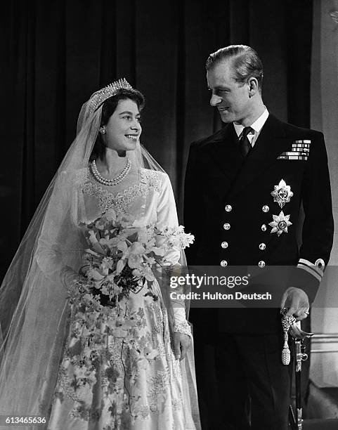 Princess Elizabeth, later Queen Elizabeth II with her husband Phillip, Duke of Edinburgh, on their wedding day, 20th November 1947.