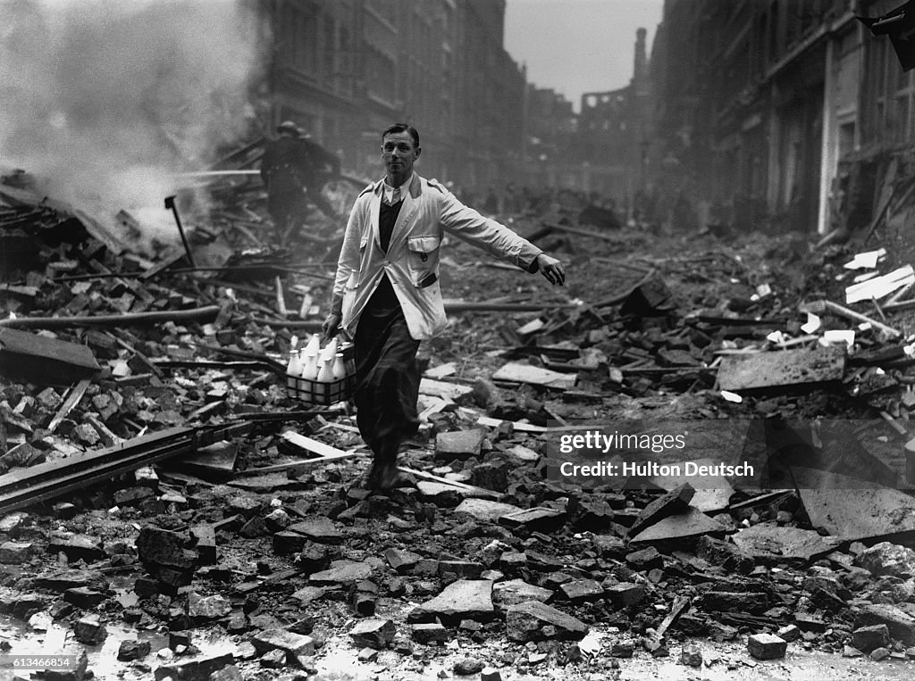Milkman Delivering Milk in Bombed Street