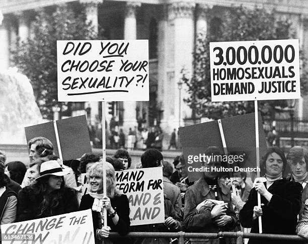 Demonstrators during the Campaign for Homosexual Equality rally, held in Trafalgar Square, 2nd November 1974.