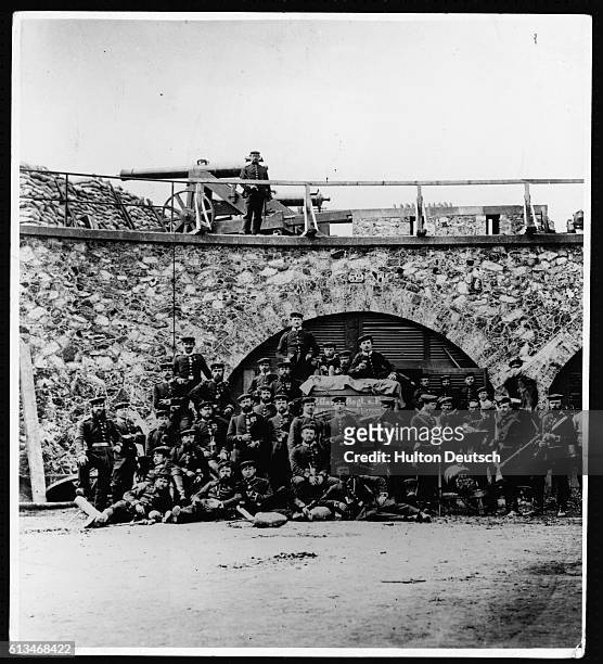 Group of Prussian soldiers inside the Fort d'Aubervilliers in Paris during the Franco-Prussian War.