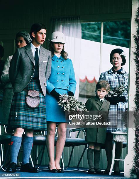 Prince Charles and Princess Anne with their Aunt, Princess Margaret and her son Viscount Linley at the 1968 Highland Games at Braemar.