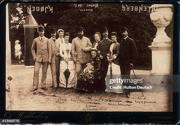 From left to right are Prince Waldermar of Denmark, Crown Prince Frederick of Denmark, Crown Princess Louise of Denmark, Empress Marie Feodorovna of...