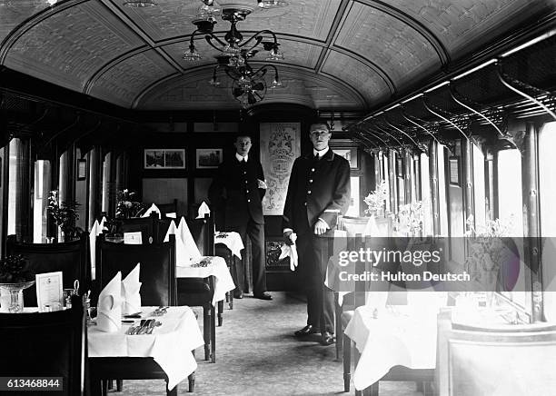 Stewards in the dining car of the Lusitania's boat train.