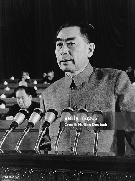 Chou En-lai, the premier of the People's Republic of China, delivers a speech at a session of the National People's Congress.