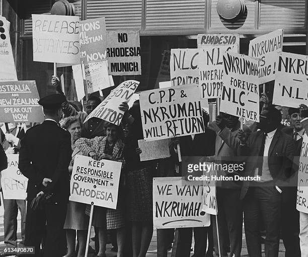 Protesters outside Marlborough House during negotiations to set up a government and grant independence to Rhodesia, later renamed Zimbabwe. |...