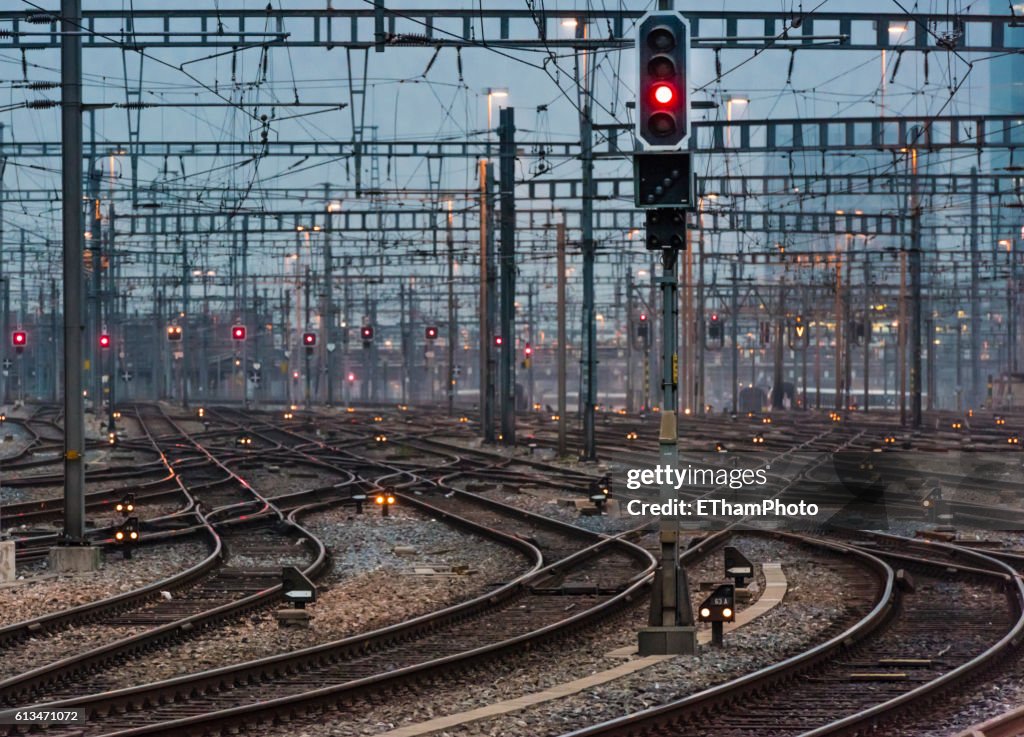 Illuminated railway track field and switches at twilight