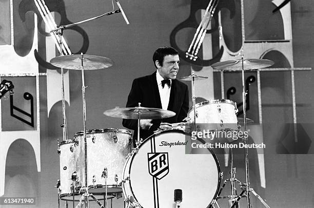 The American jazz musician Buddy Rich performing at the 1969 Royal Command Performance in London.