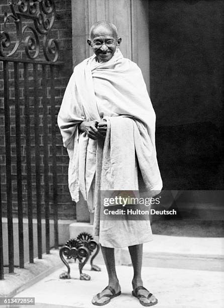 Mahatma Gandhi at No. 10 Downing St., the residence of the British Prime Minister in London.