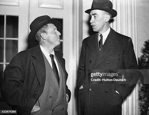 American film actor Spencer Tracy leaving the White House with playwright and author Robert Sherwood, Washington, 1943.