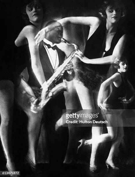 Photographic montage from the 1920's showing a jazz saxophonist accompanying a group of charleston dancers.