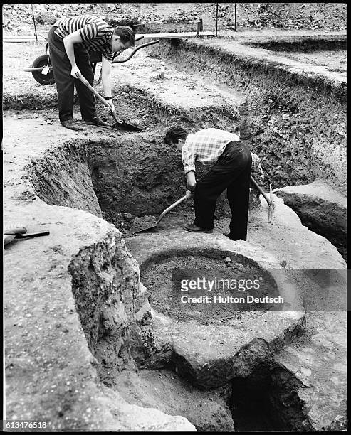 Excavations at the ruins of Nonsuch Palace, in the grounds of Nonsuch park, are carried out by archaeologists, helped during the holidays by students...