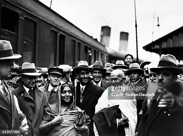 Original caption: Arrival Of Mahatma Gandhi. Additional Hulton Text: Gandhi arrived in England today to attend the Round Table Conference as the...
