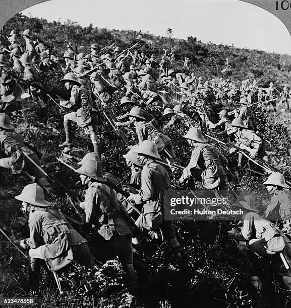 British troops, together with French forces, locked in battle with Turkish forces at the Gallipoli Peninsula which guards entry to the strategic Sea...