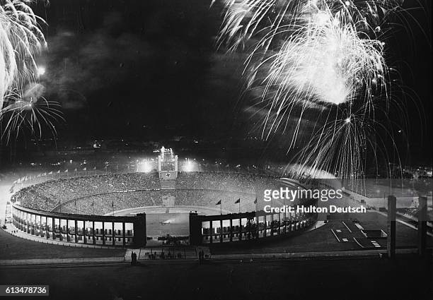 The Olympic Stadium in Berlin which was the scene of a Midsummer night's festival with fireworks and an address by the Nazi propoganda minister Dr....
