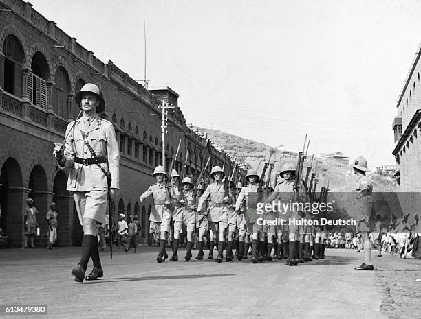 British Troops Marching Through The Streets Of Aden Empire outposts in Middle East. Aden: its development and importance.