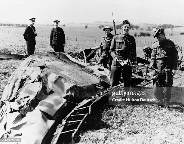 The wreckage of deputy leader of the Nazi party, Rudolf Hess' plane. He flew secretly from Germany to Scotland in 1941 in an attempt to bring the...