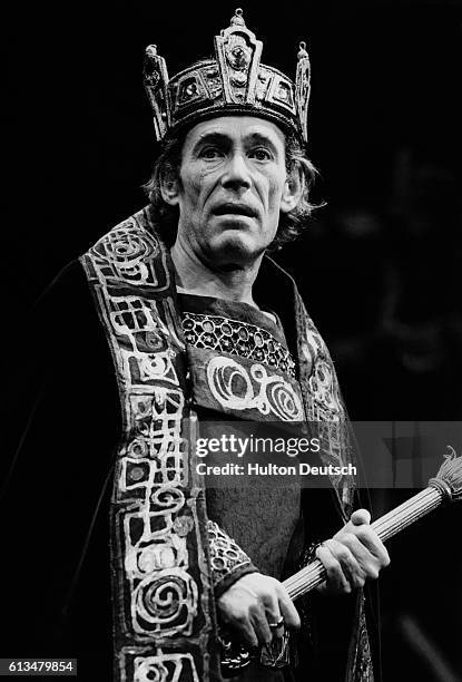 British actor Peter O'Toole in the title role of Shakespeare's Macbeth at the Old Vic, ca. 1980.
