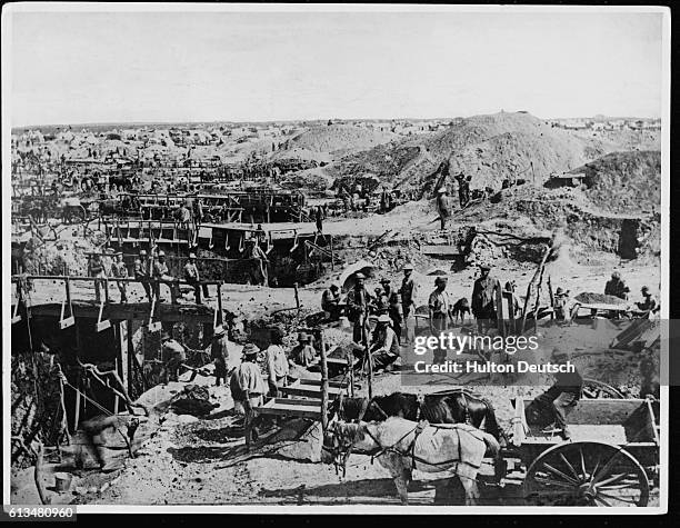 Kimberley, South Africa, as it was in 1871 when the great rush of nearly 10,000 people went out to Africa's newly found diamond fields. Photo shows:...