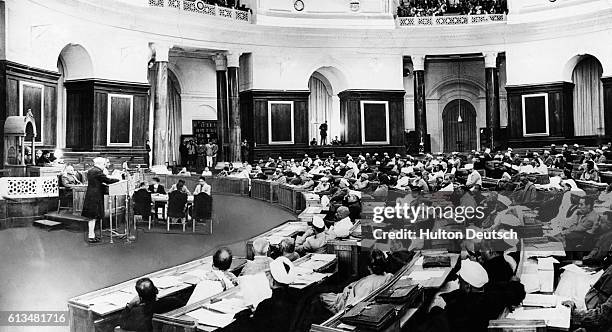 An historic moment in the birth of the New India. In the Constituent Assembly in New Delhi Pandit Nehru moves the resolution for an independent...