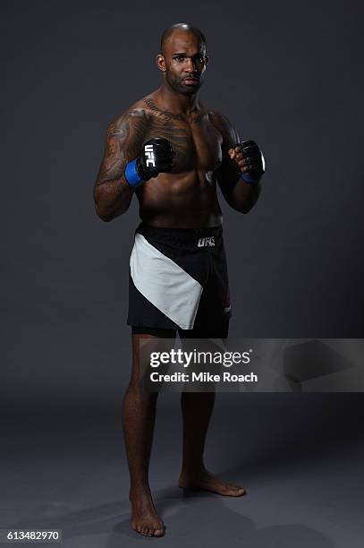 Jimi Manuwa of England poses for a post fight portrait backstage during the UFC 204 Fight Night at the Manchester Evening News Arena on October 8,...