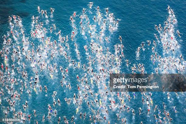 View of the Men's Age Group swim start during the 2016 IRONMAN World Championship triathlon on October 8, 2016 in Kailua Kona, Hawaii.