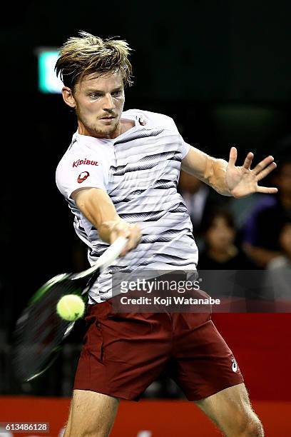 David Goffin of Belgium plays a forehand during the men's singles final match against Nick Kyrgios of Australia on day seven of Rakuten Open 2016 at...