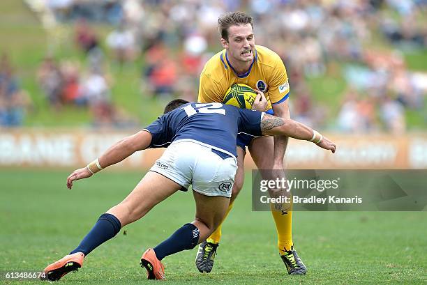 Toby White of Brisbane City takes on the defence during the round seven NRC match between Brisbane City and Queensland Country at Ballymore Stadium...