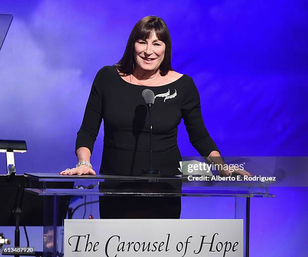 Actress Anjelica Huston speaks onstage during the 2016 Carousel Of Hope Ball at The Beverly Hilton Hotel on October 8, 2016 in Beverly Hills,...