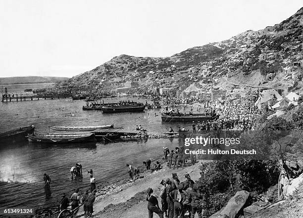 Troops land at Anzac Cove in the Dardanelles during the battle between Allied forces and Turkish forces at the Gallipoli Peninsula for access to the...