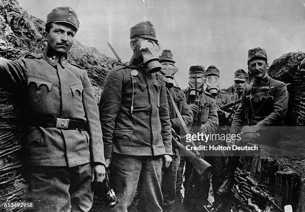 Soldiers, possibly Austrian, wearing gas masks at the Western Front during the First World War.