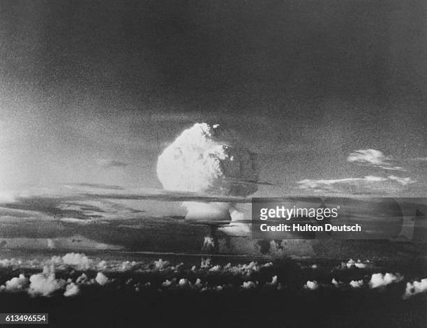 The mushroom cloud from Ivy Mike, one of the largest nuclear blasts ever, during Operation IVY. The blast completely destroyed Elugelab Island.