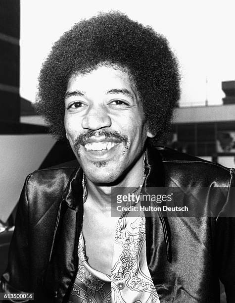Jimi Hendrix after arriving at London's Heathrow Airport. American musician-singer Jimi Hendrix at Heathrow Airport, London, August 1970.