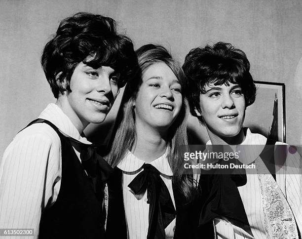 Three members of the popular "girl group" The Shangri-Las in London. They are: Marge Ganser; Mary Weiss; and Mary Anne Ganser. The fourth member,...
