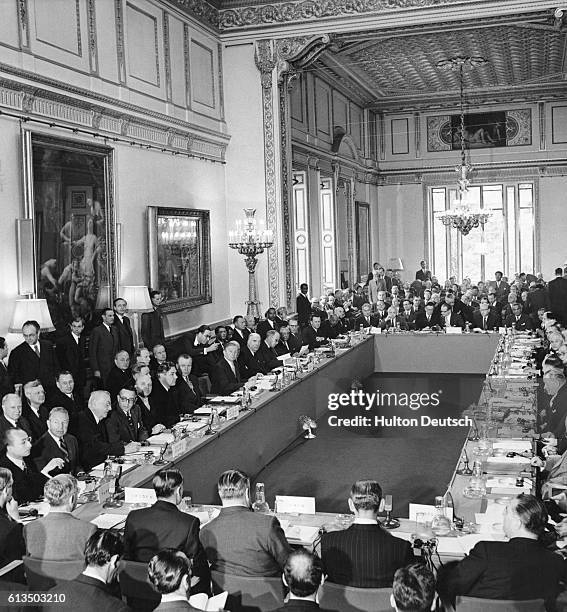 Twenty-two nations assemble for the Suez Conference held in London, England in 1956.