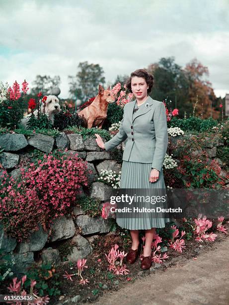 Queen Elizabeth II in the gardens of Balmoral Castle with two of her pet dogs.