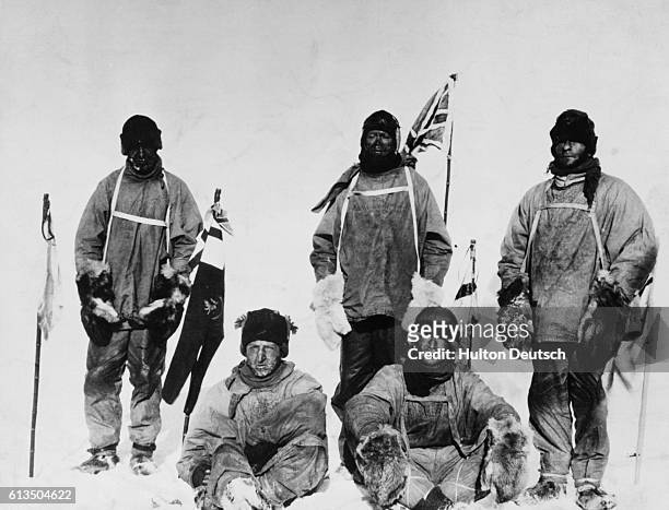 The members of Captain Scott's ill-fated expedition to the South Pole, Laurence Oates, H.R. Bowers, Robert Scott, Edward Wilson and Edgar Evans. They...