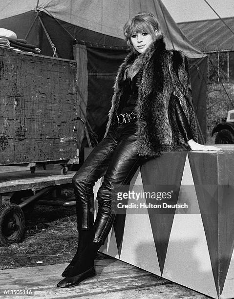 English singer and actress Marianne Faithfull pictured at Shepperton Studios, 1967. Photo shows: Marianne Faithfull, wearing her black leather...