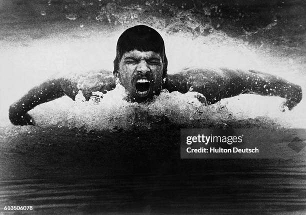 Mark Spitz, the United States swimming champion, swimming the butterfly stroke during a training session in 1972.